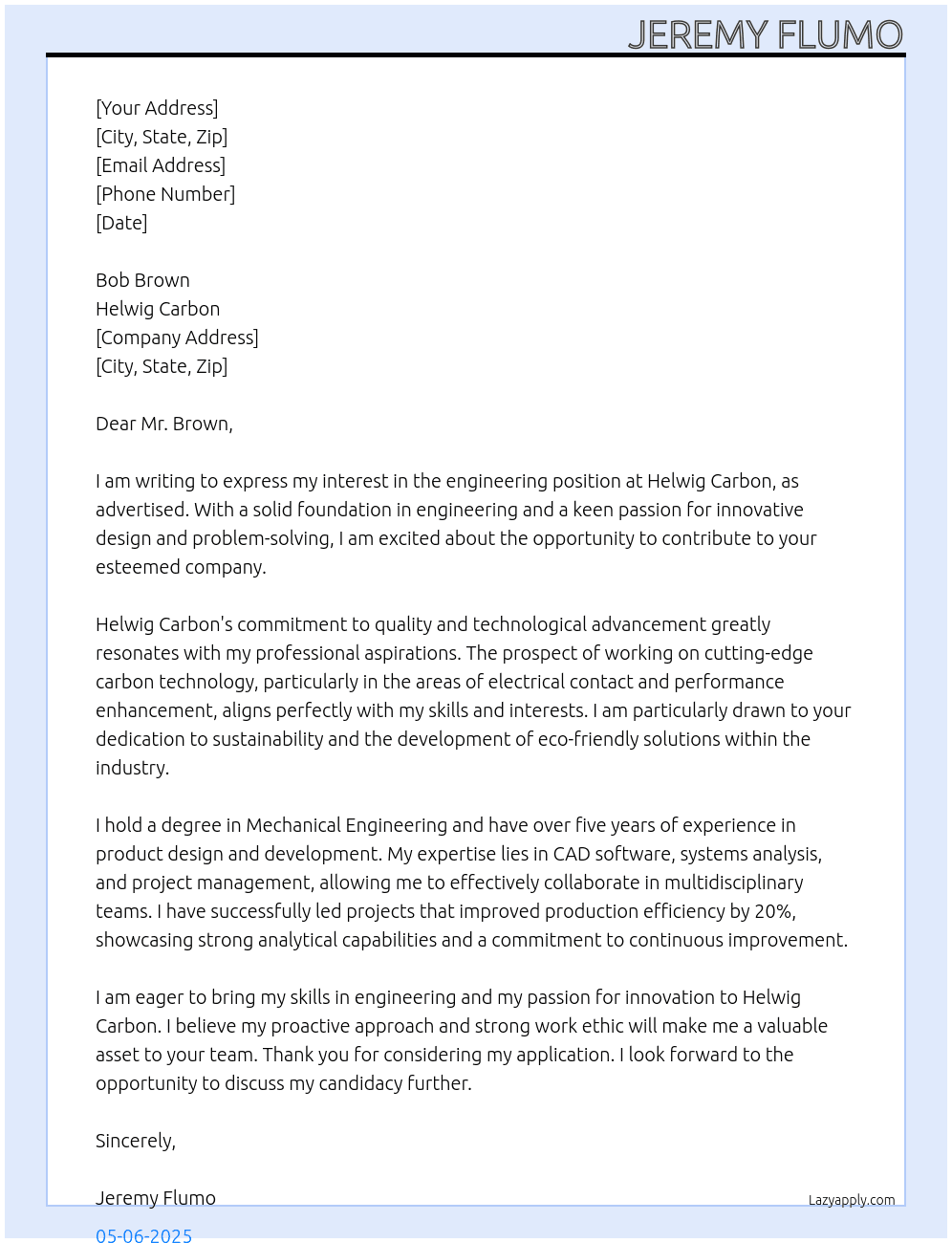 engineering  At helwig carbon  Cover Letter