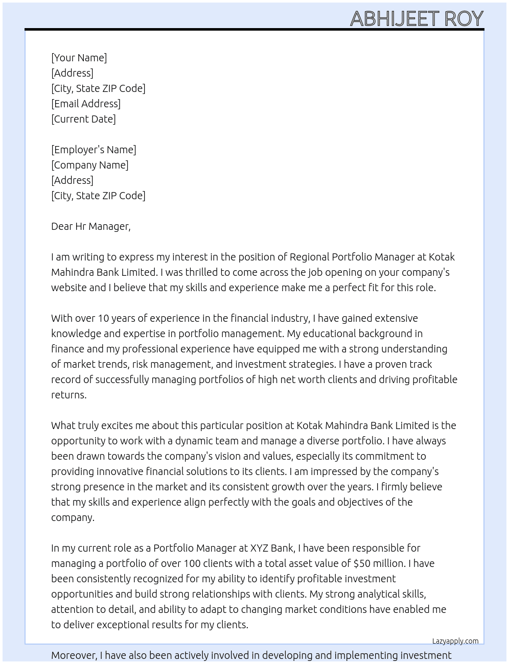 Regional Portfolio Manager At Kotak Mahindra Bank Limited Cover Letter