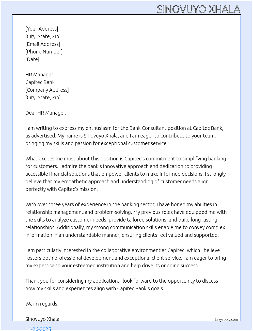 Bank Consultant  At Capitec Bank Cover Letter