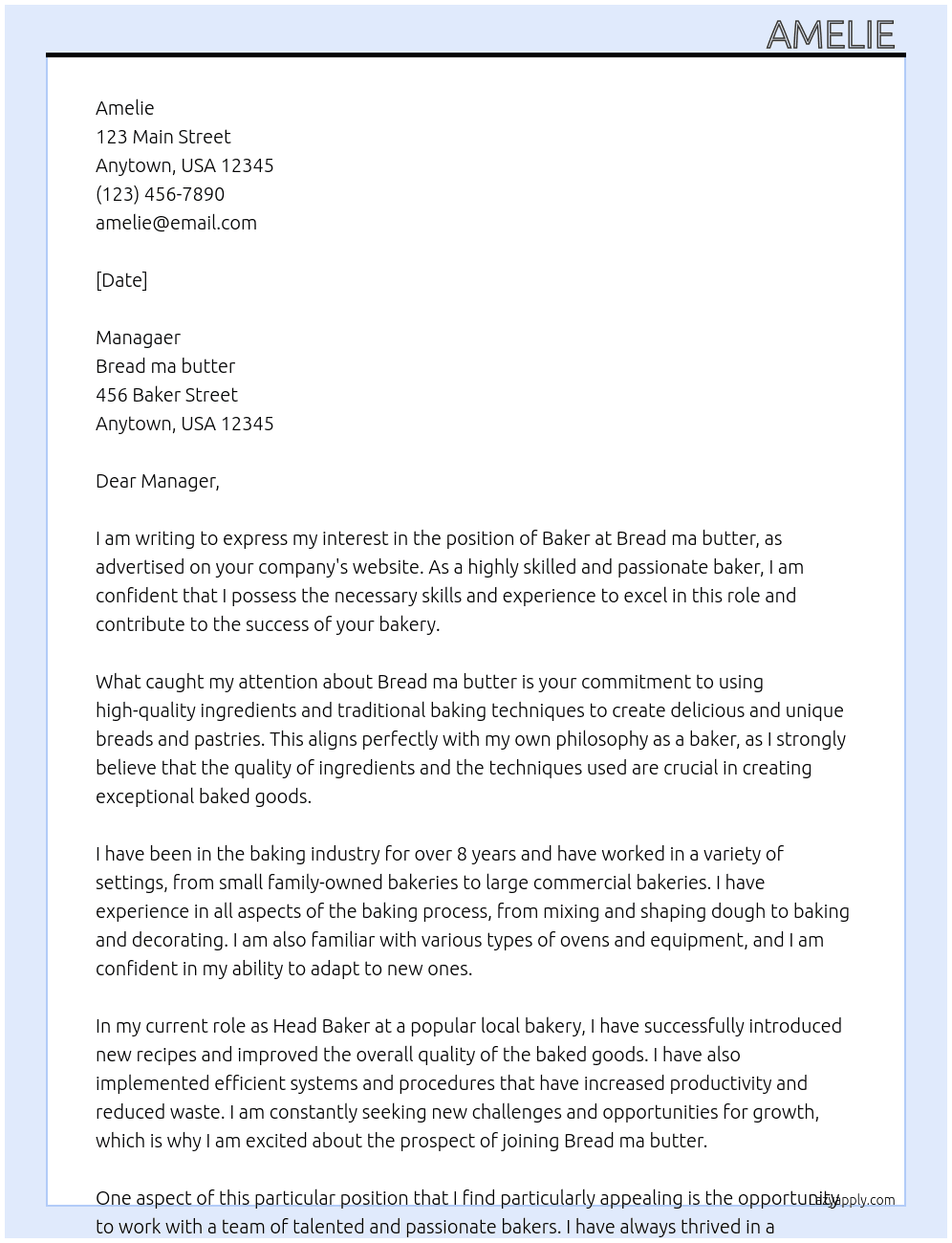 Baker  At Bread ma butter  Cover Letter