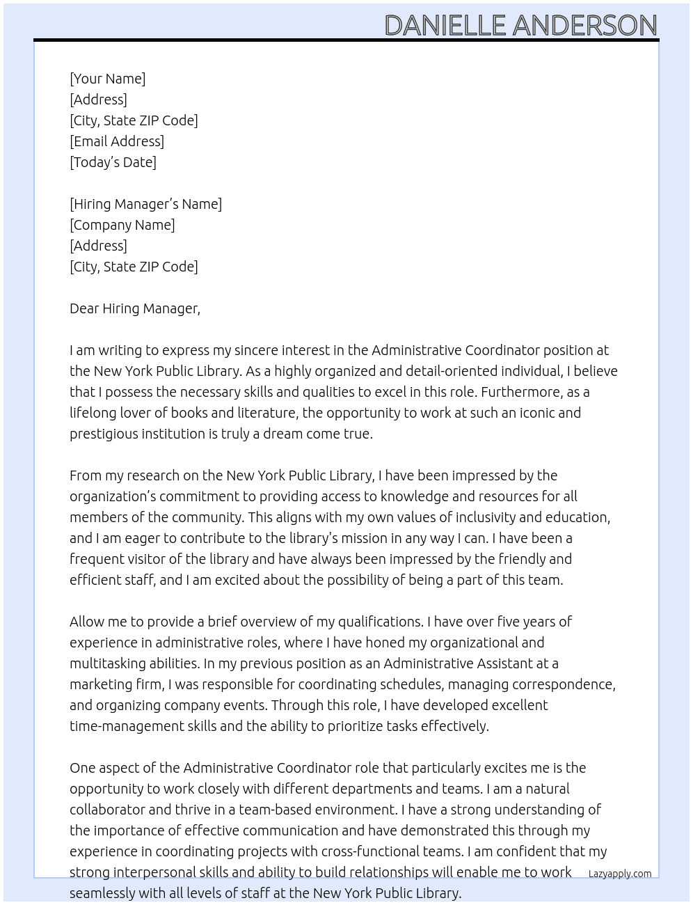 Administrative coordinator  At New York public library  Cover Letter