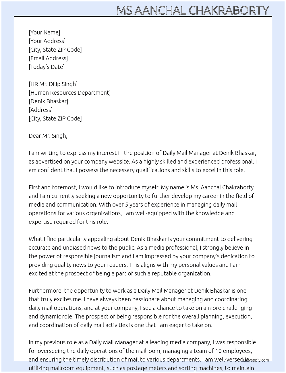 Cover letter for daily mail manager - LazyApply