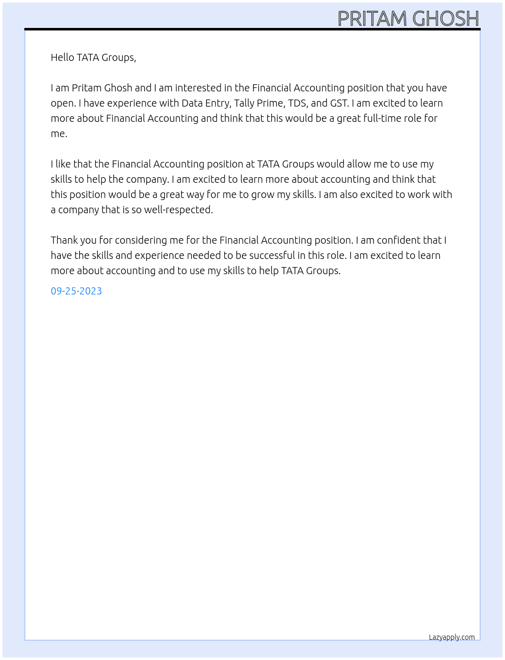 Financial Accounting At TATA Groups Cover Letter