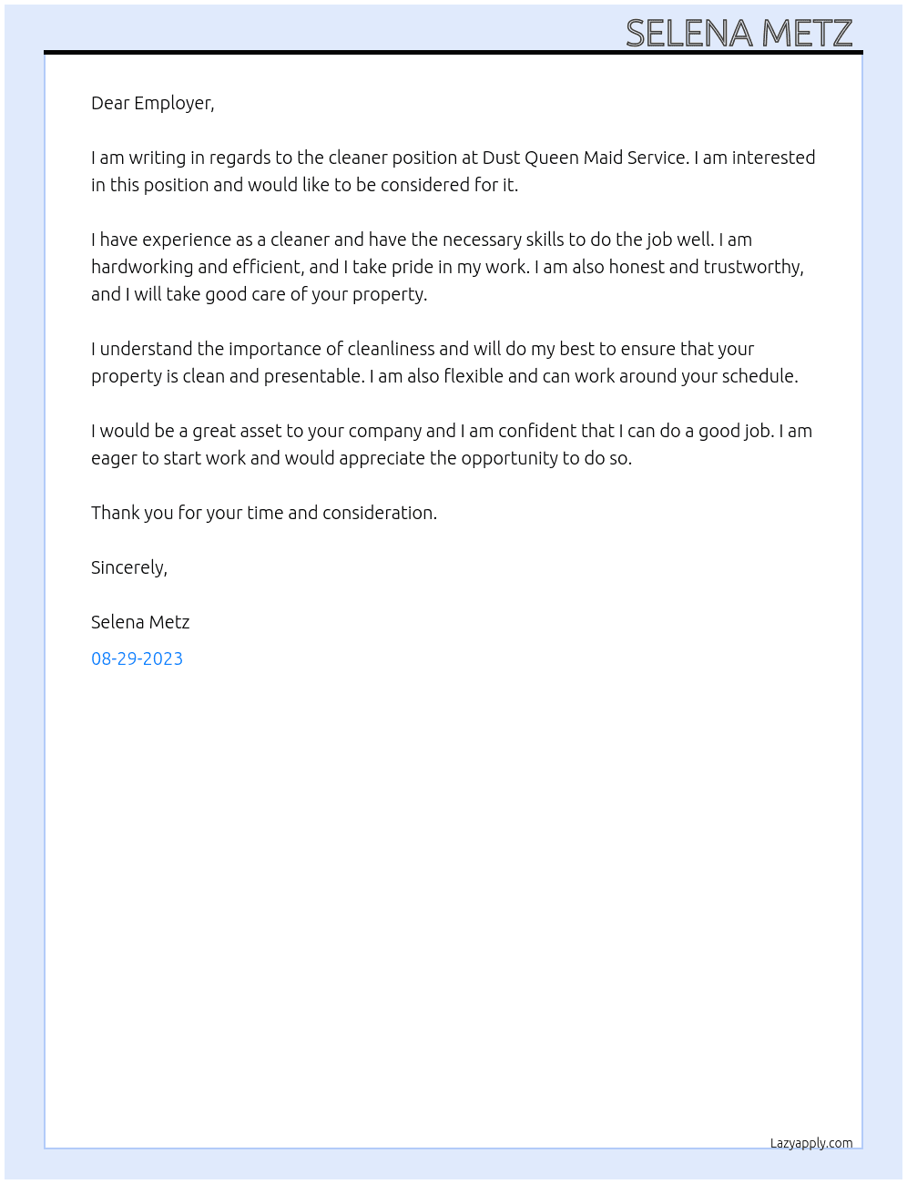Cleaner  At Dust Queen Maid Service Cover Letter