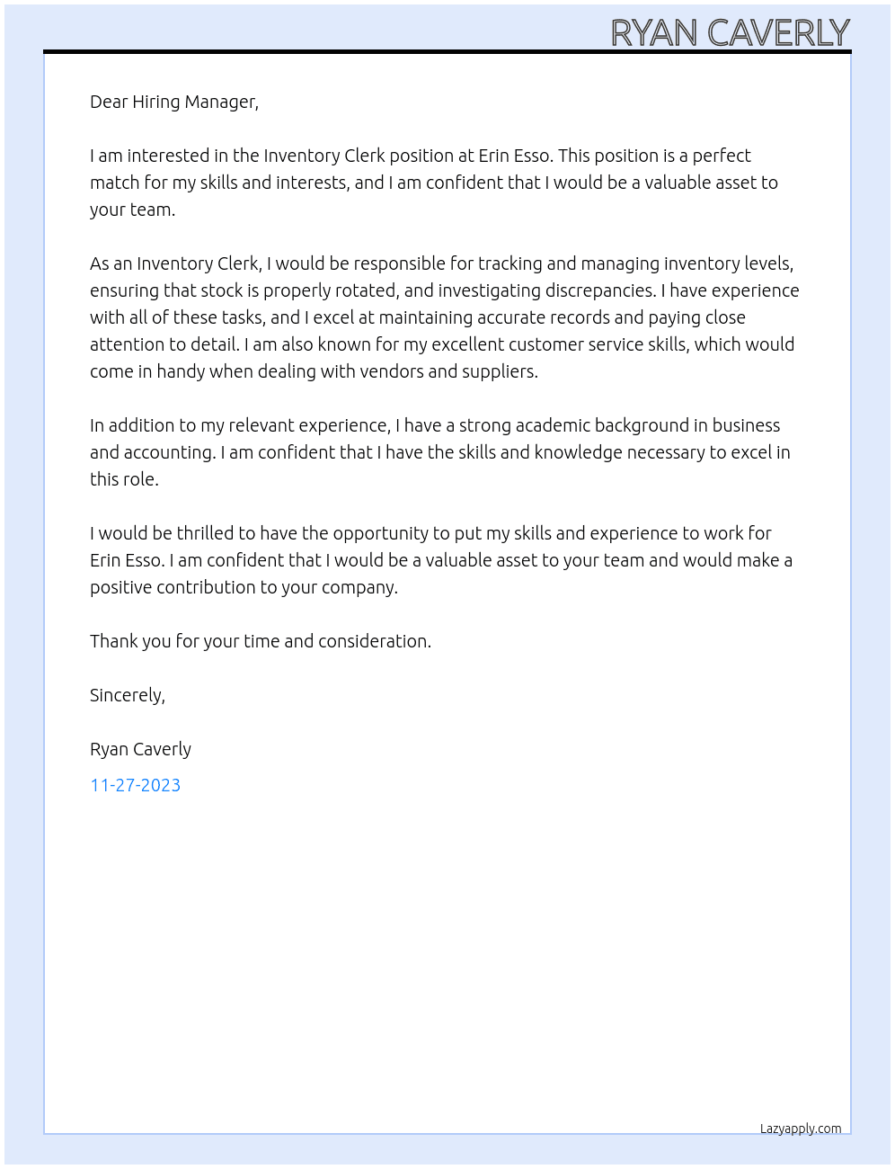 Inventory Clerk At Erin Esso Cover Letter