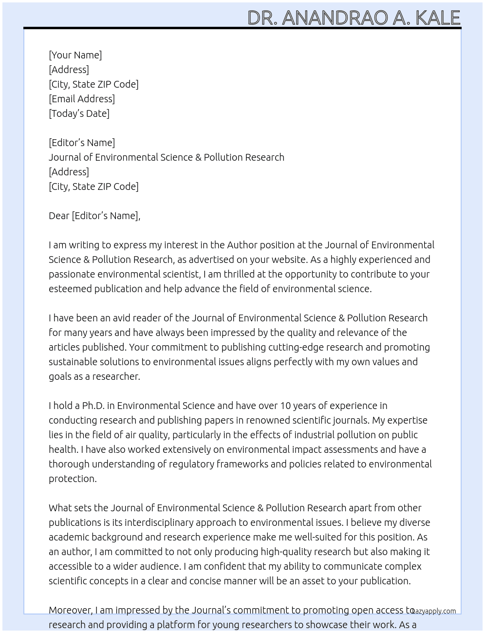 Author At Journal of Environmental Science & Pollution Research Cover Letter