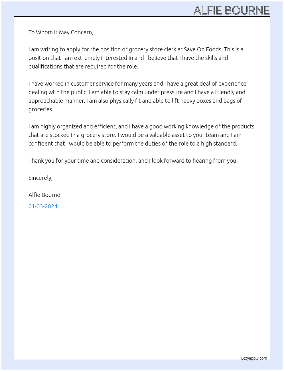 grocery store clerk At Save On Foods Cover Letter