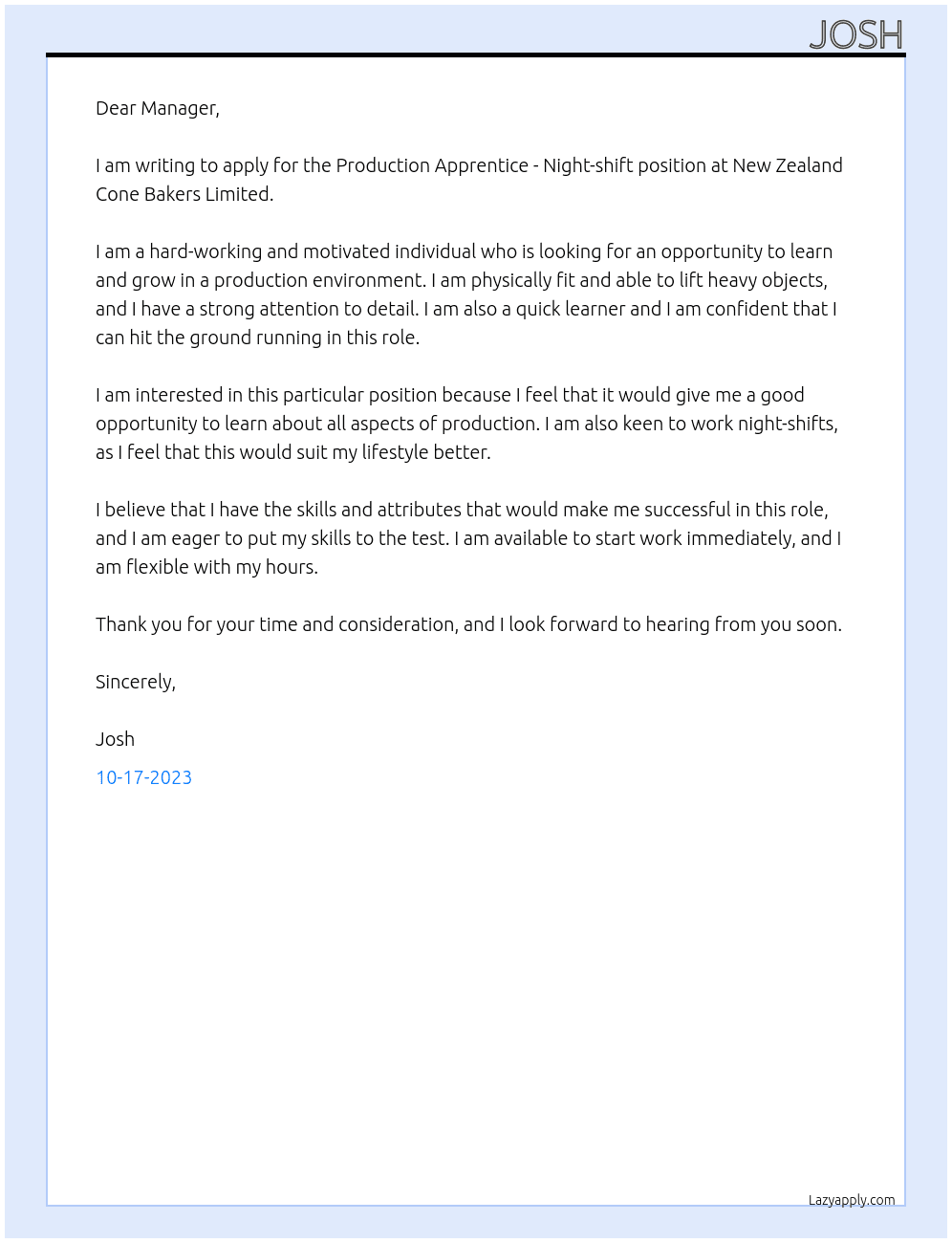 Production Apprentice - Night-shift At New Zealand Cone Bakers Limited Cover Letter