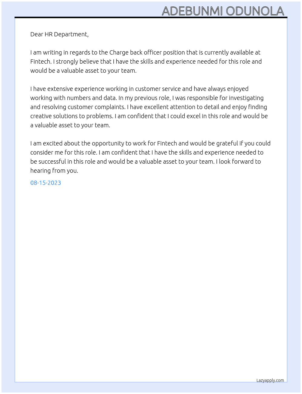 Charge back officer  At Fintech Cover Letter