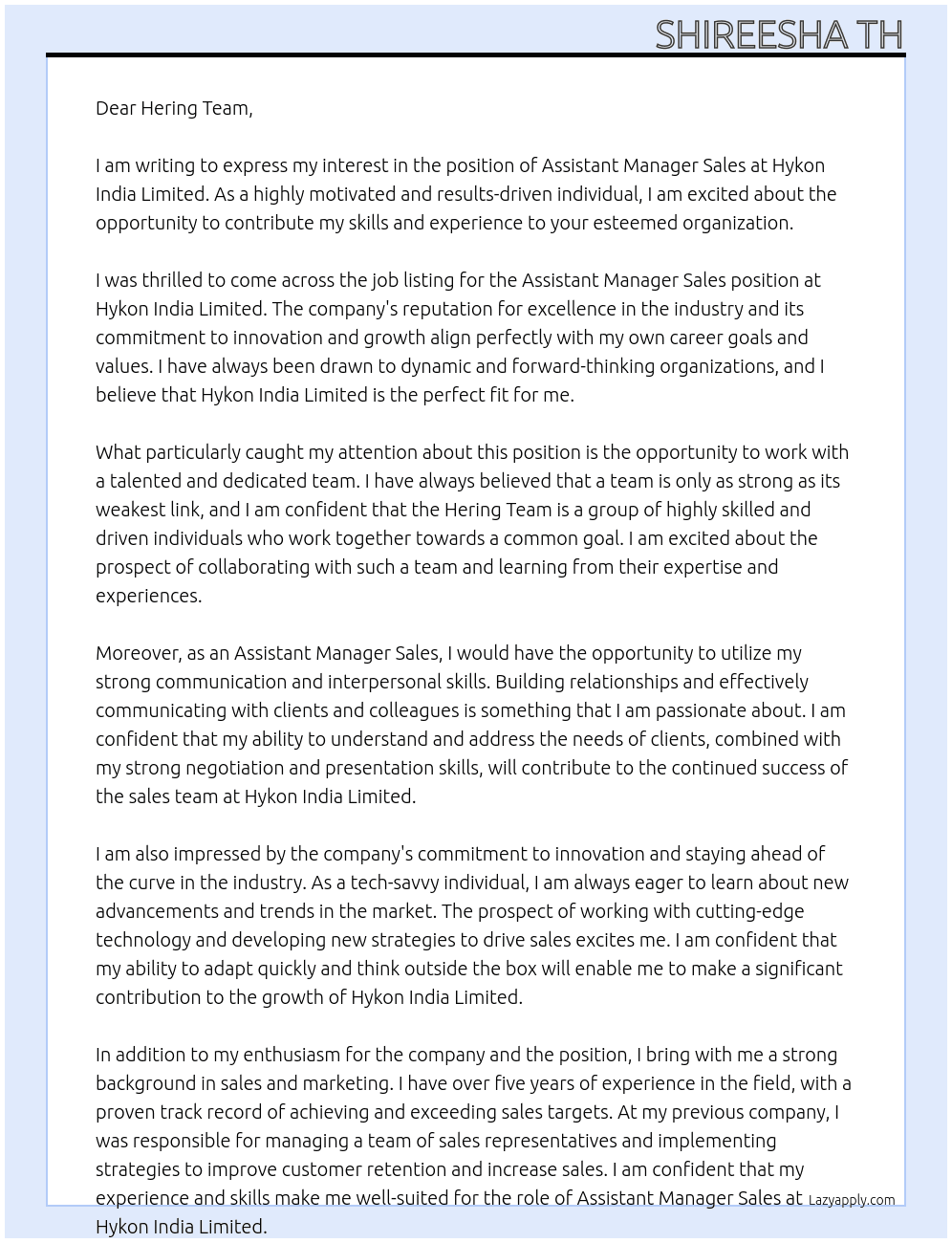 Assistant Manager sales At Hykon India Limited Cover Letter