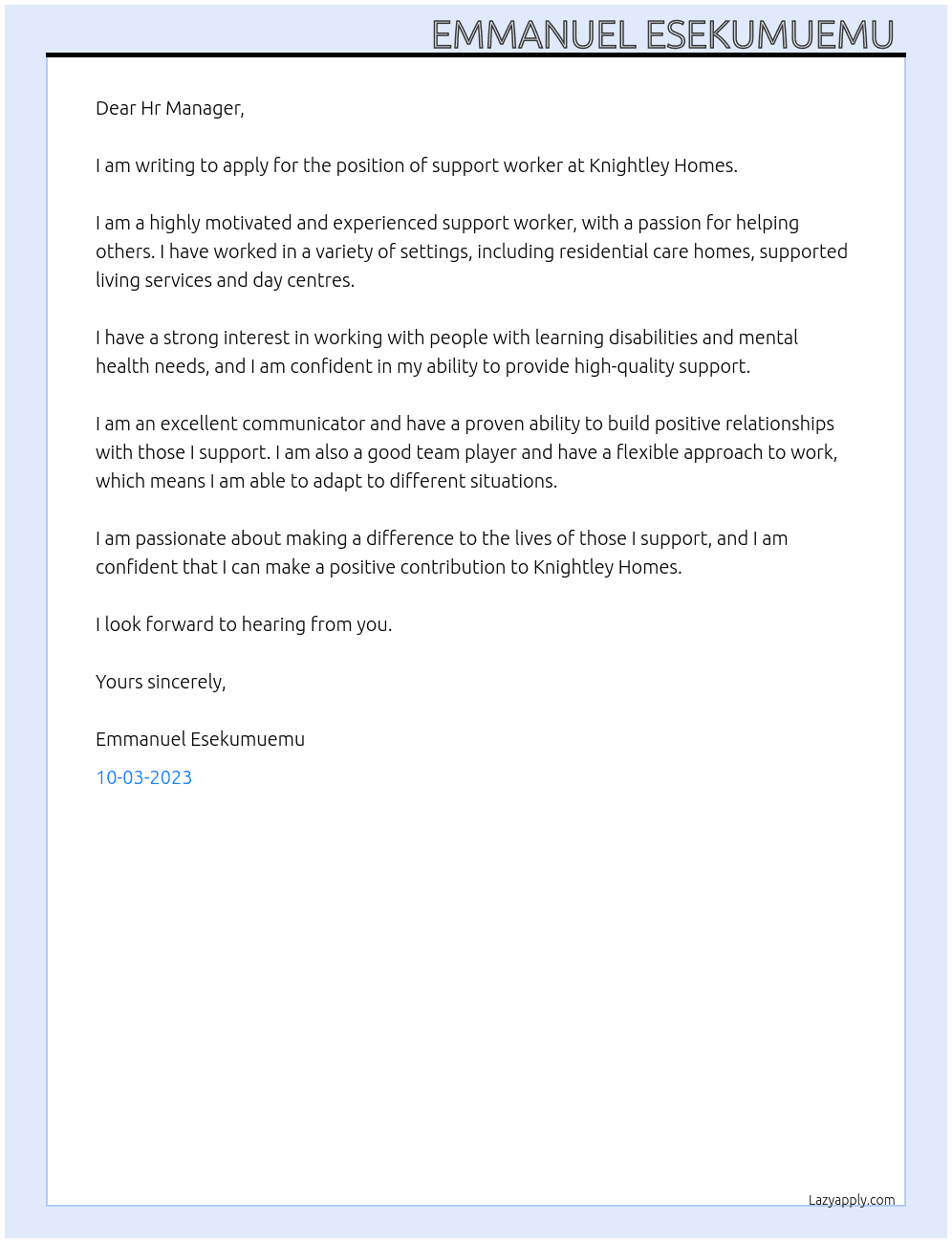 Support worker  At Knightley Homes  Cover Letter