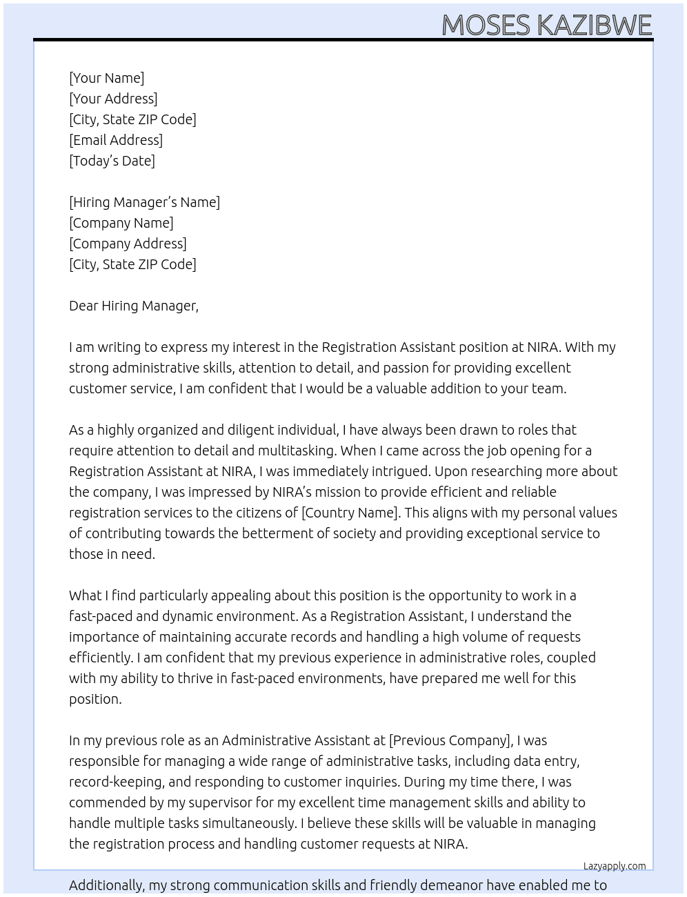 Registration Assistant At NIRA Cover Letter