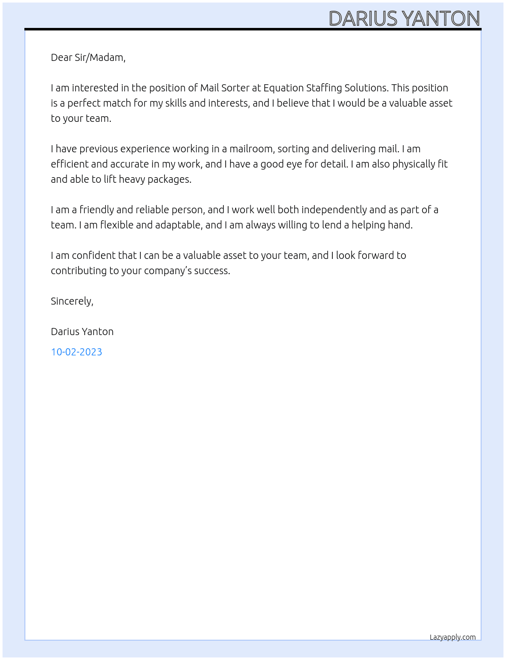Mail Sorter At Equation Staffing Solutions Cover Letter