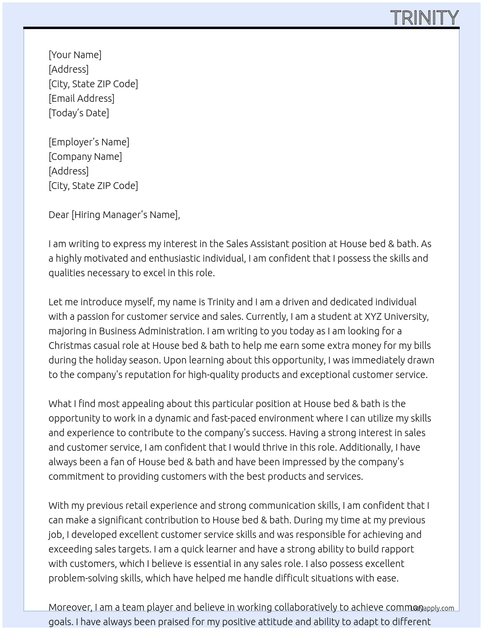 Sales Assistant  At House bed & bath Cover Letter