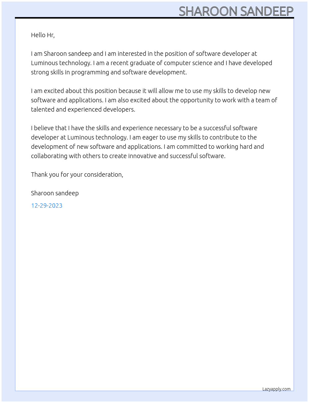 Software developer At Luminous technology  Cover Letter