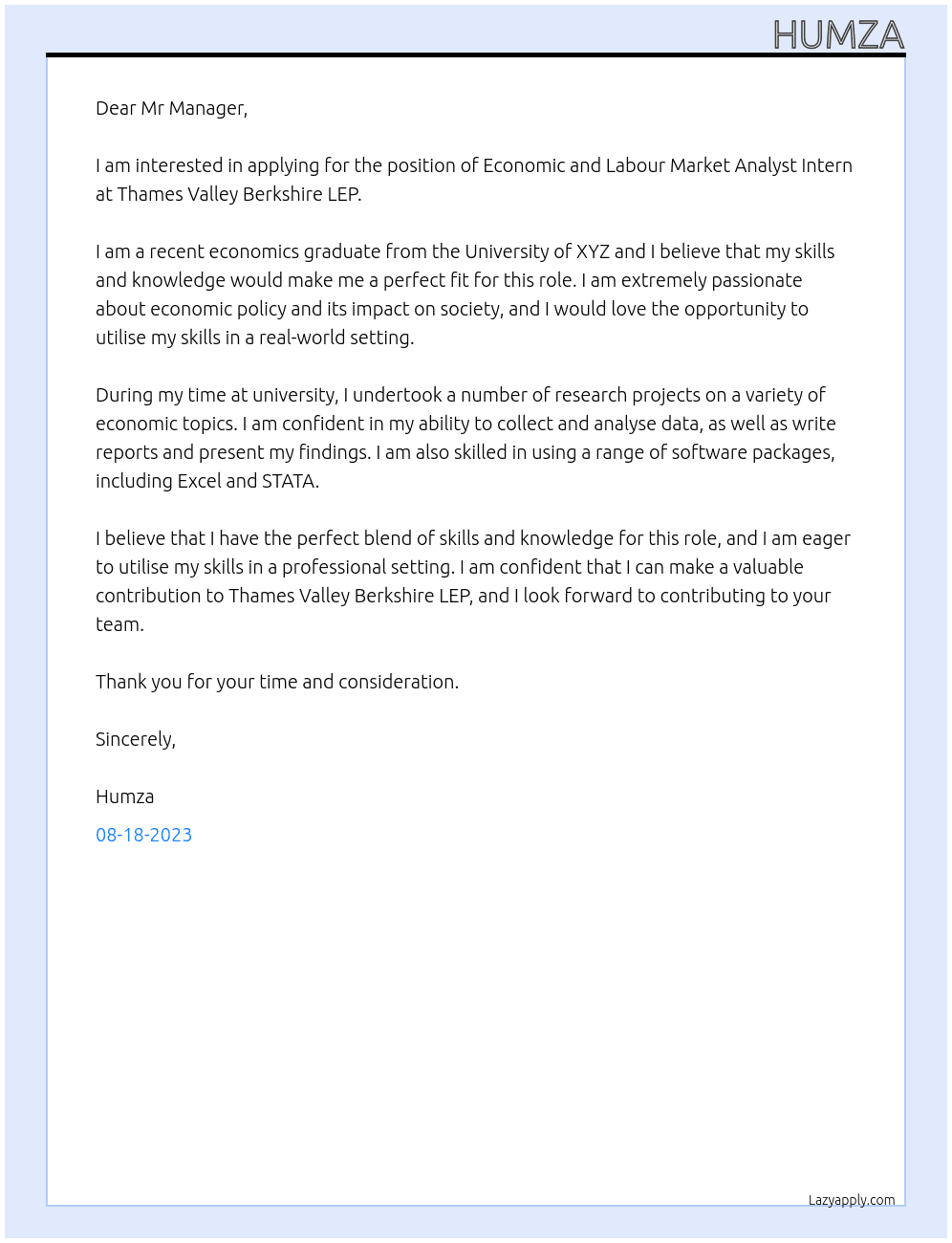 Economic and Labour Market Analyst Intern At Thames Valley Berkshire LEP Cover Letter
