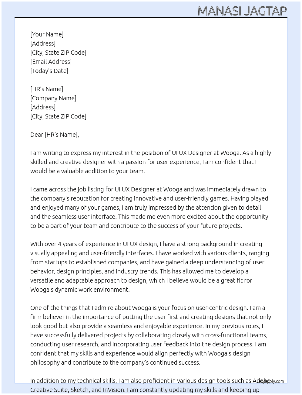 UI UX Designer At Wooga Cover Letter