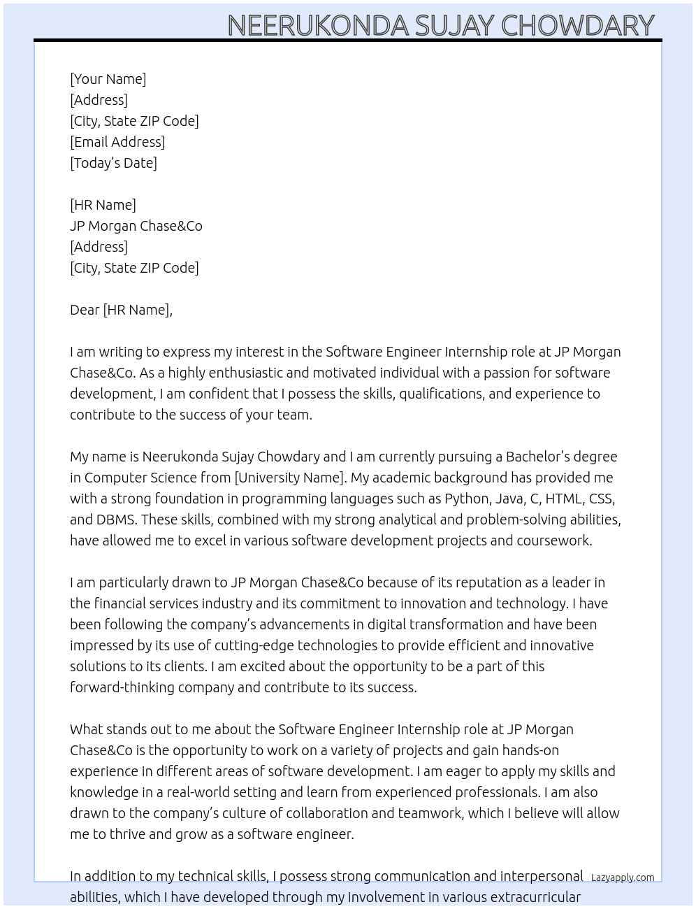 Software Engineer  At JP Morgan Chase&Co Cover Letter