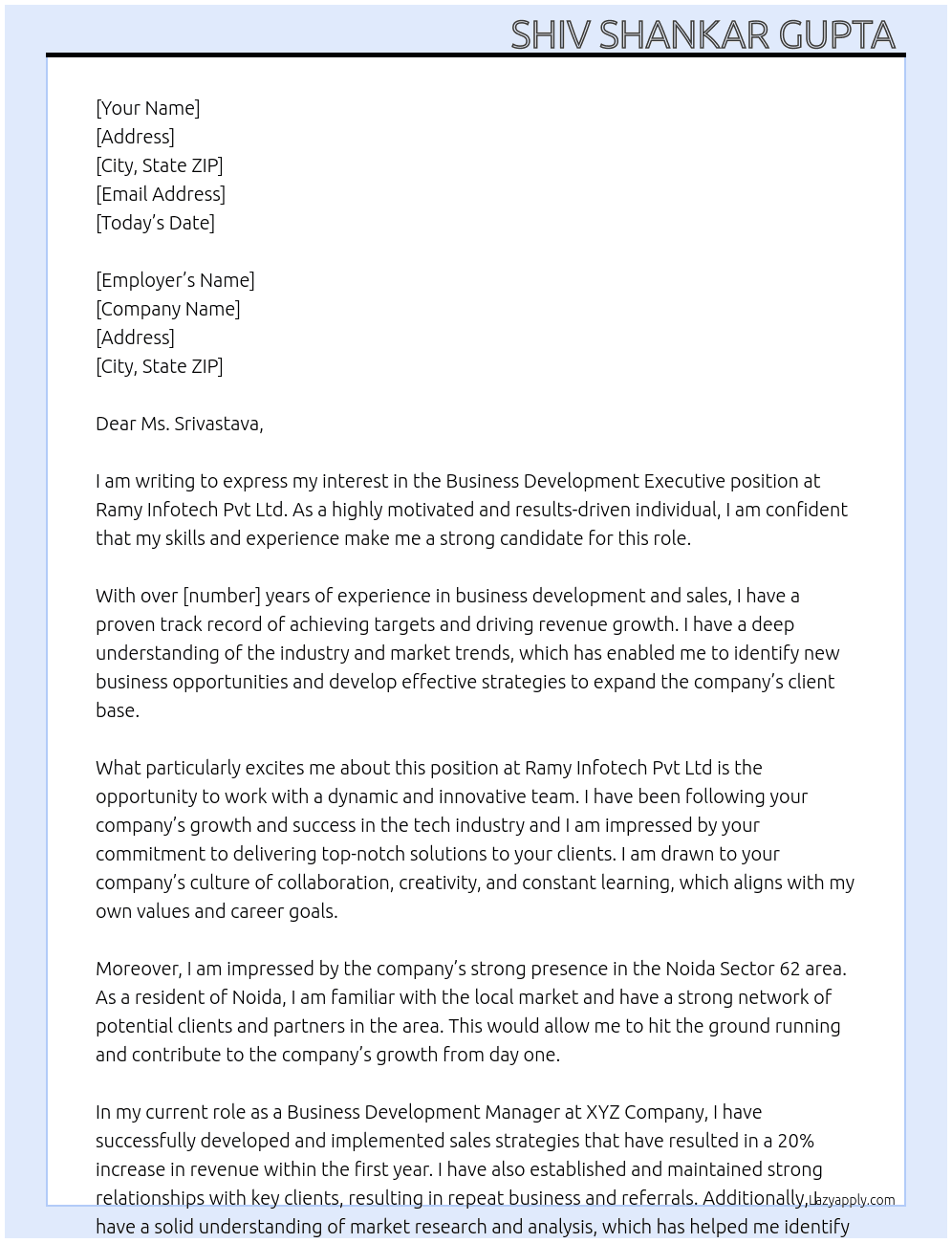 Business development executive  At Ramy Infotech Pvt Ltd. Cover Letter