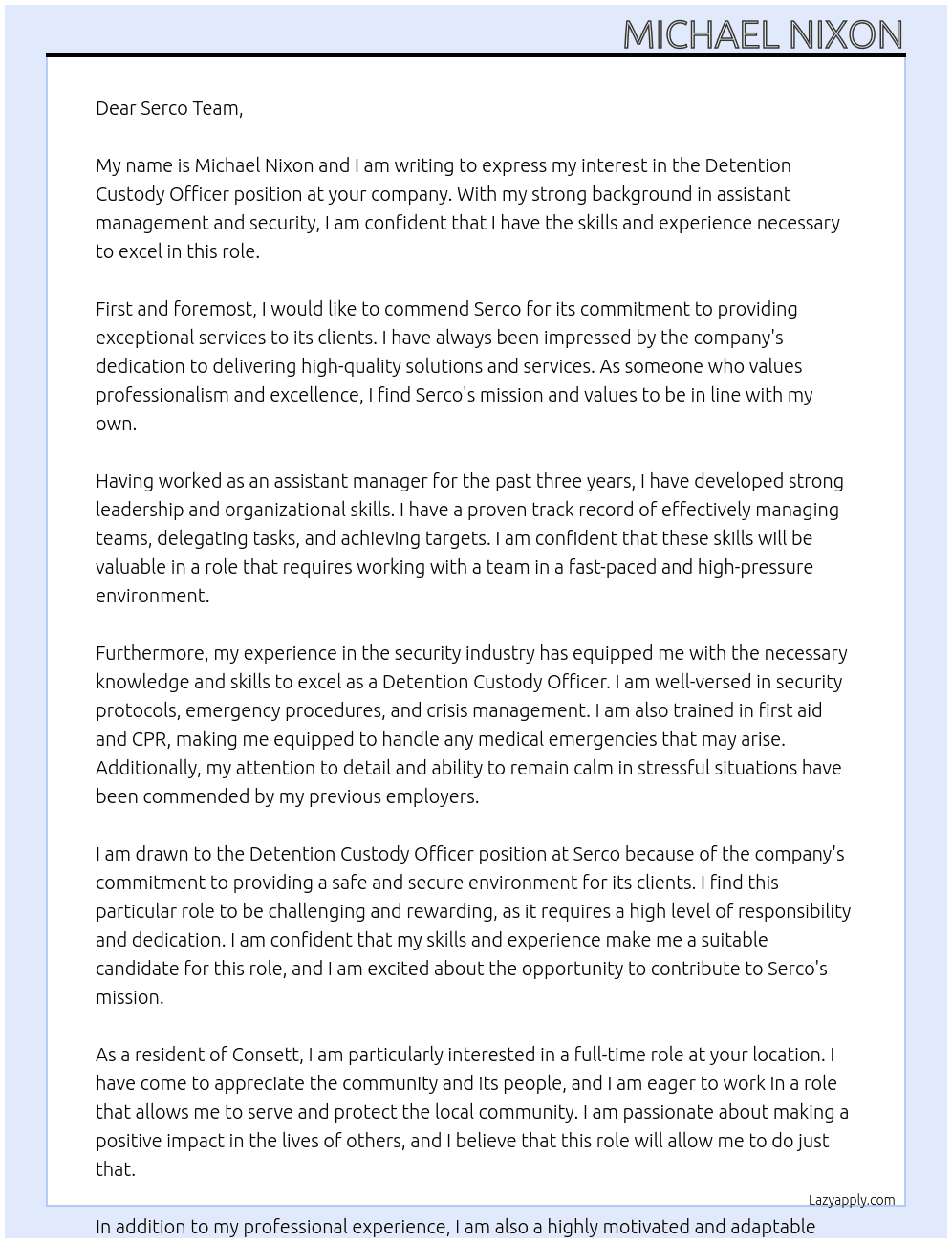 Detention Custody Officer At Serco Cover Letter