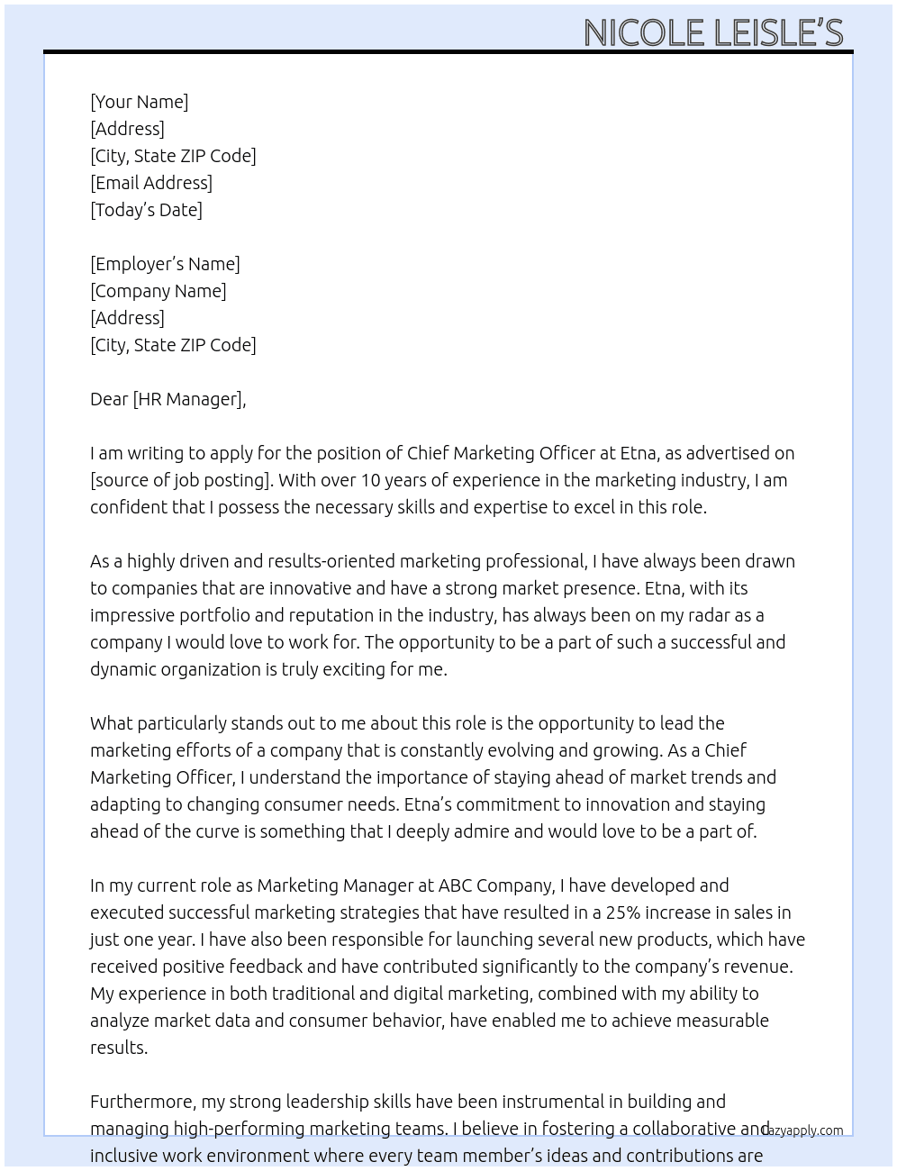 Chief marketing officer  At Etna  Cover Letter