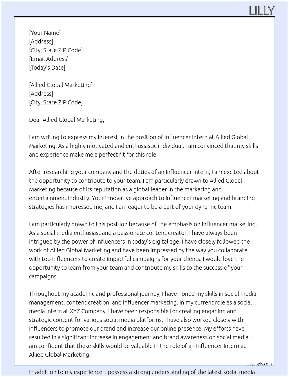 Influencer Intern At Allied Global Marketing Cover Letter