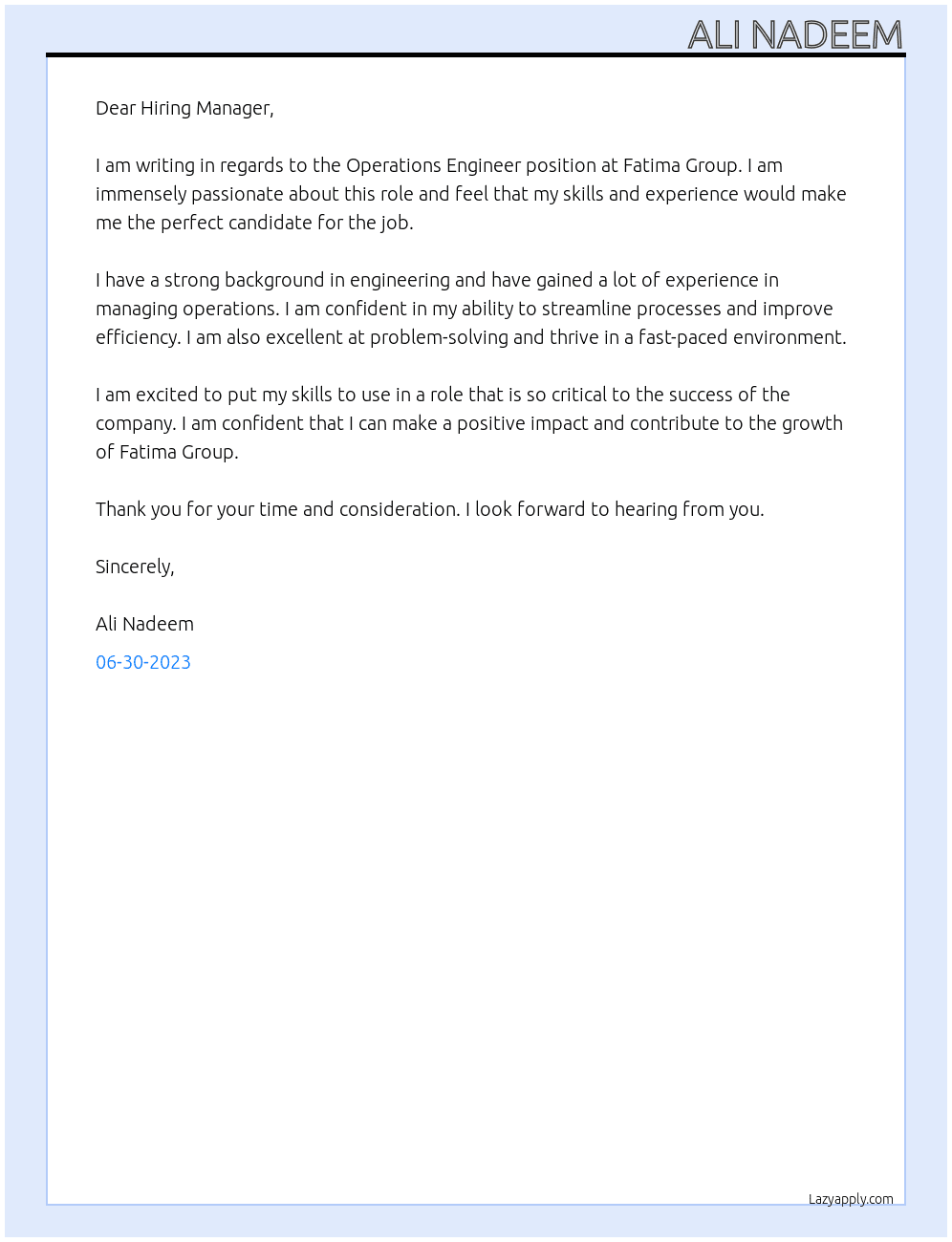 Operations Engineer At Fatima Group Cover Letter