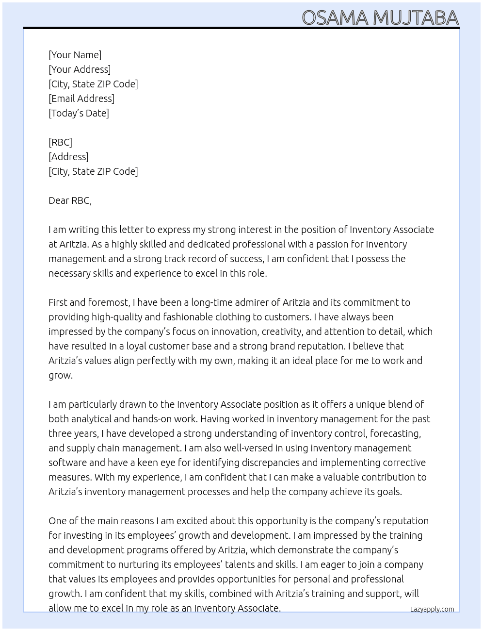 Inventory Associate At Aritzia Cover Letter