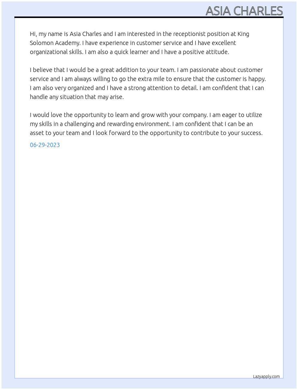 Receptionist At King Solomon Academy Cover Letter