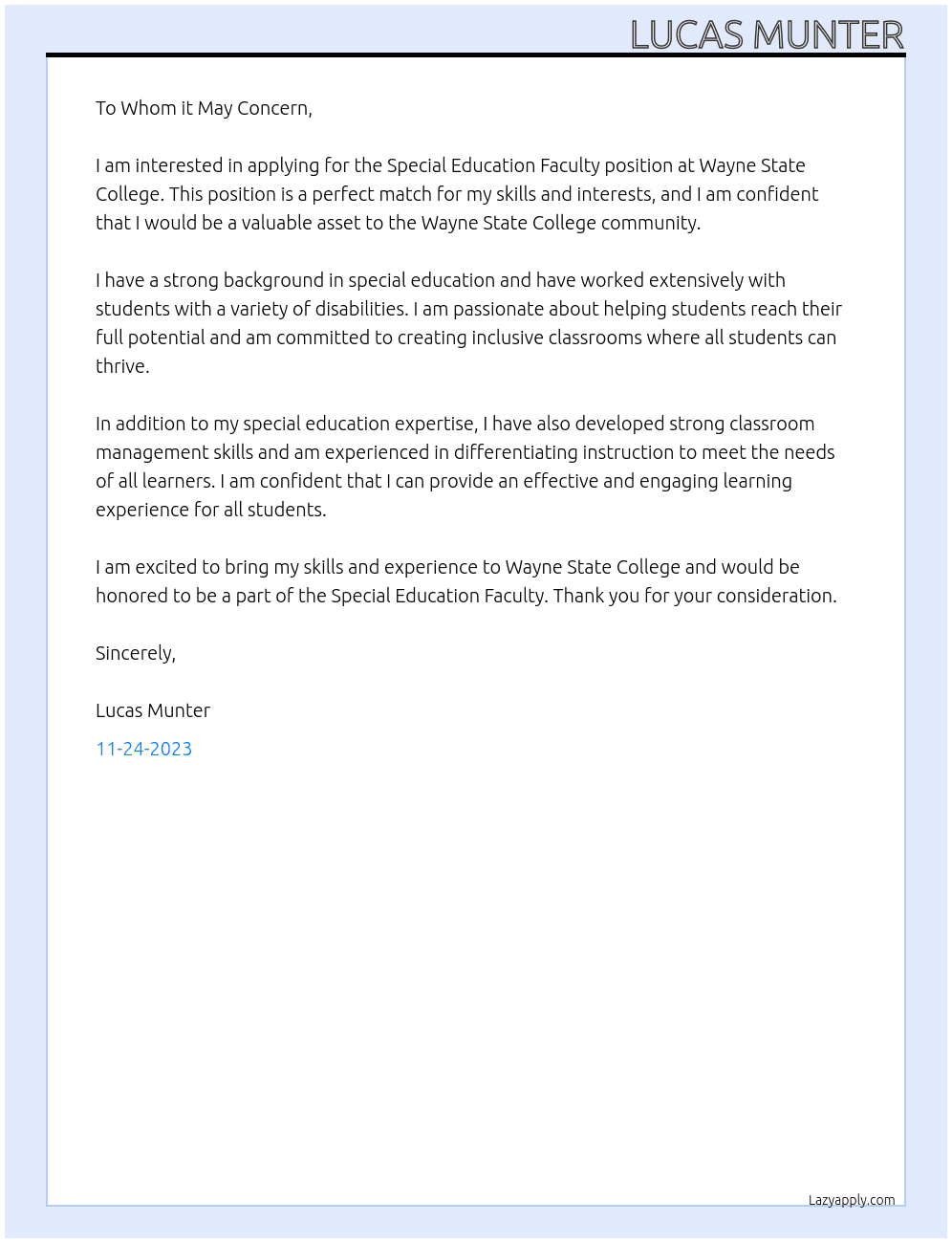Special Educartion Faculty At Wayne State College Cover Letter