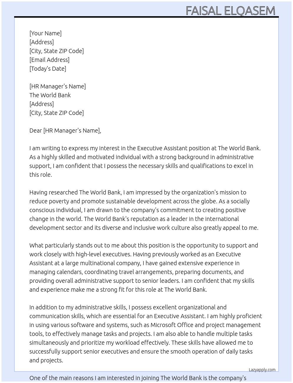 Executive Assistant  At The world bank  Cover Letter