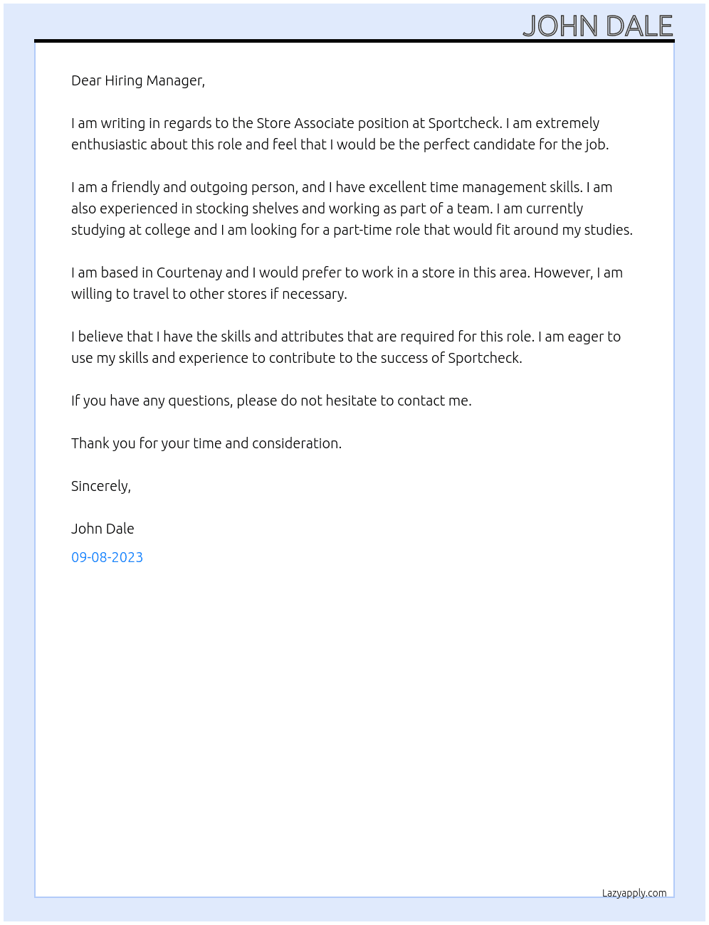 Store Associate At Sportcheck Cover Letter