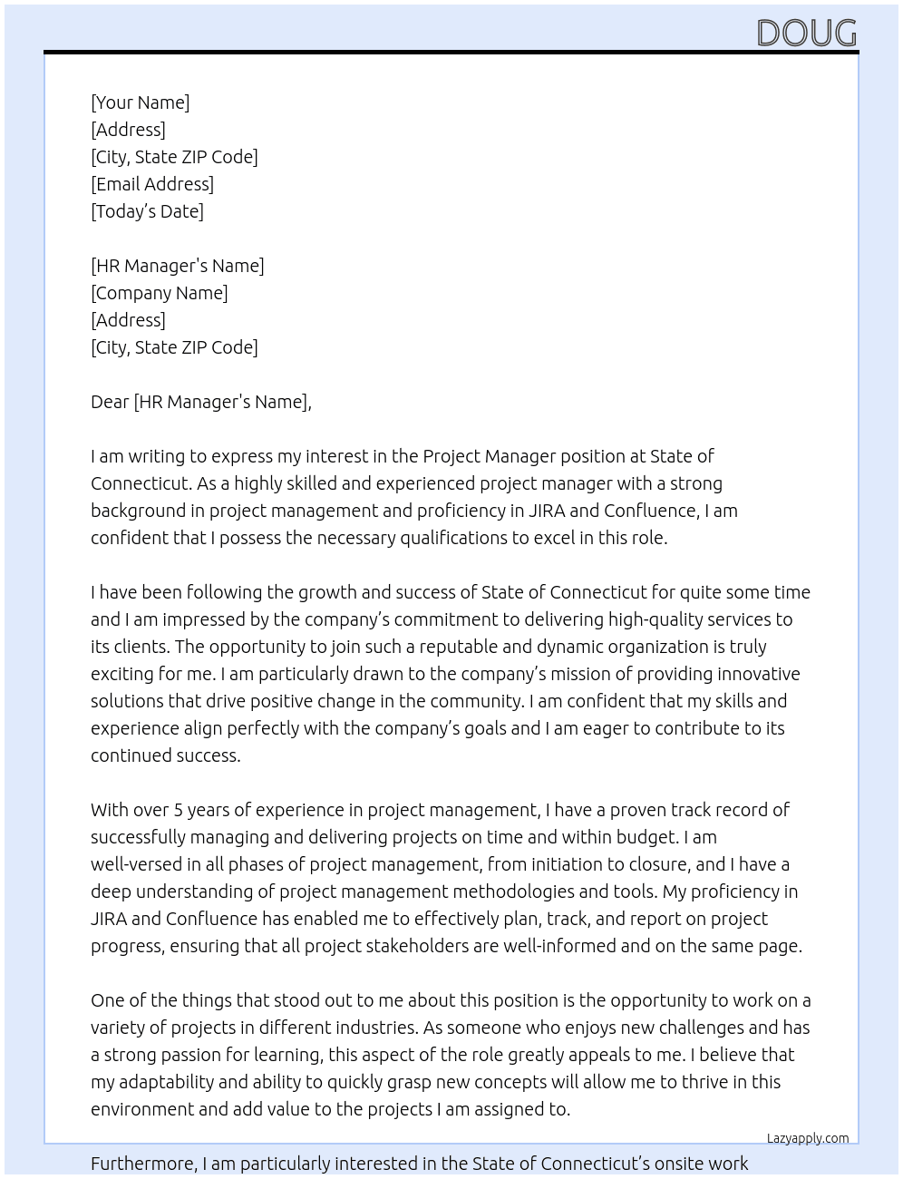 Project Manager At State of Connecticut Cover Letter