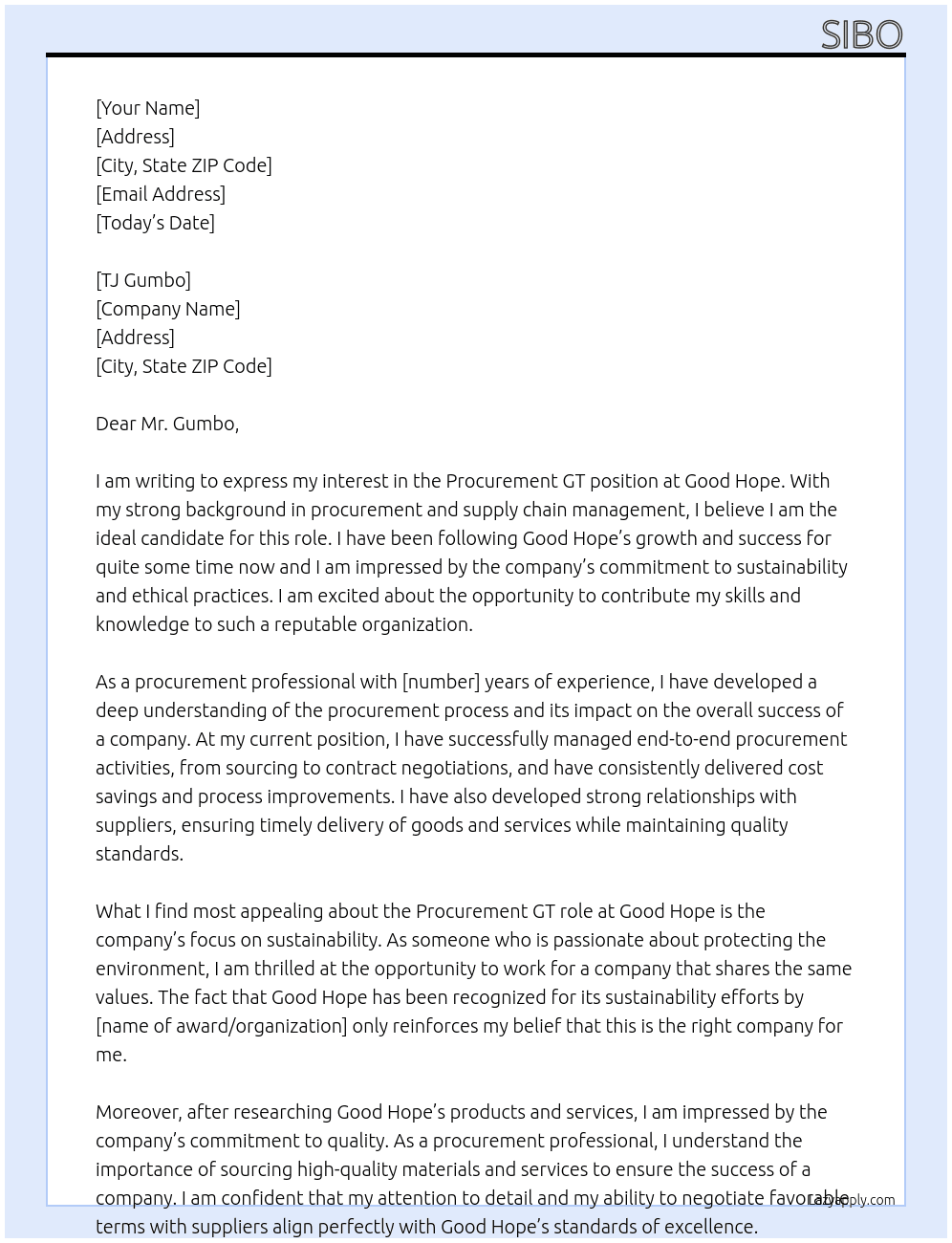 procurement gt At good hope Cover Letter