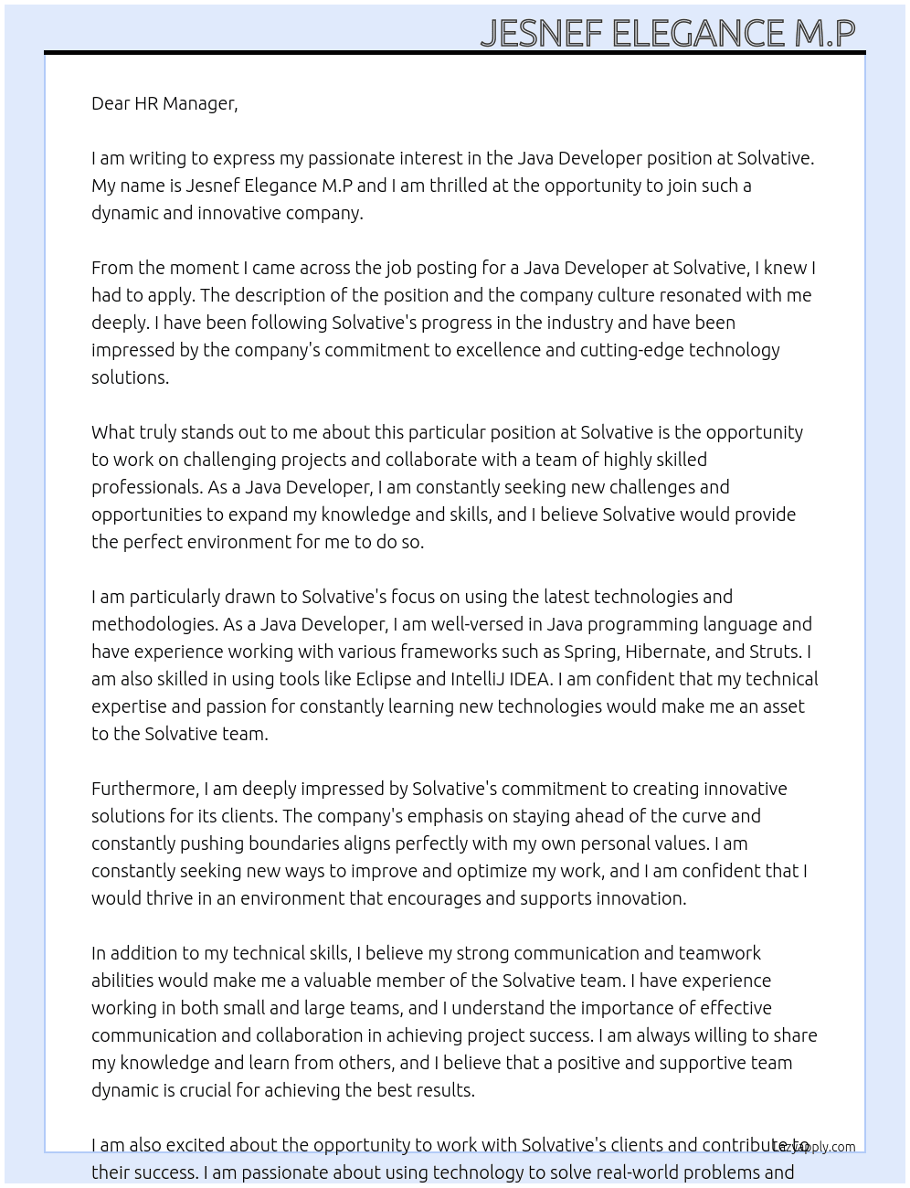 Java Developer At solvative Cover Letter