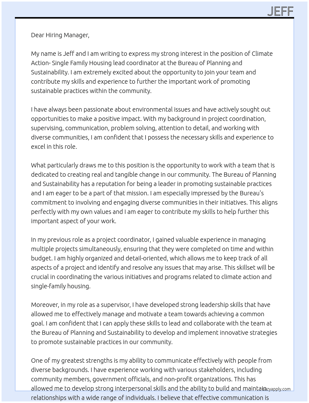 Climate Action- Single Family Housing lead coordinator At Bureau of planning and sustainability Cover Letter