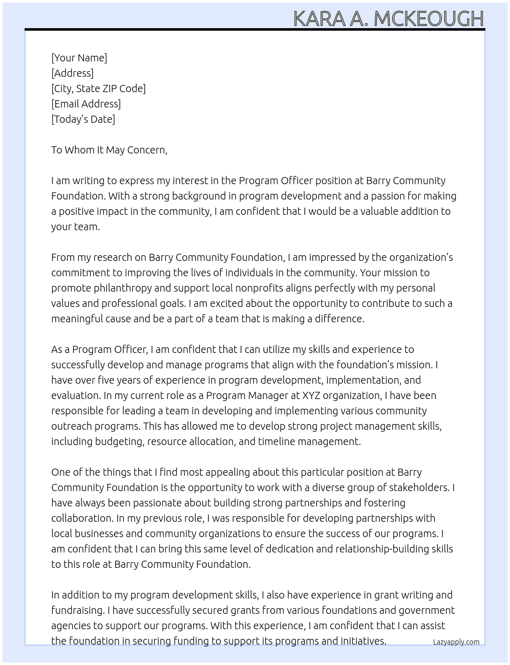 Program Officer At Barry Community Foundation Cover Letter