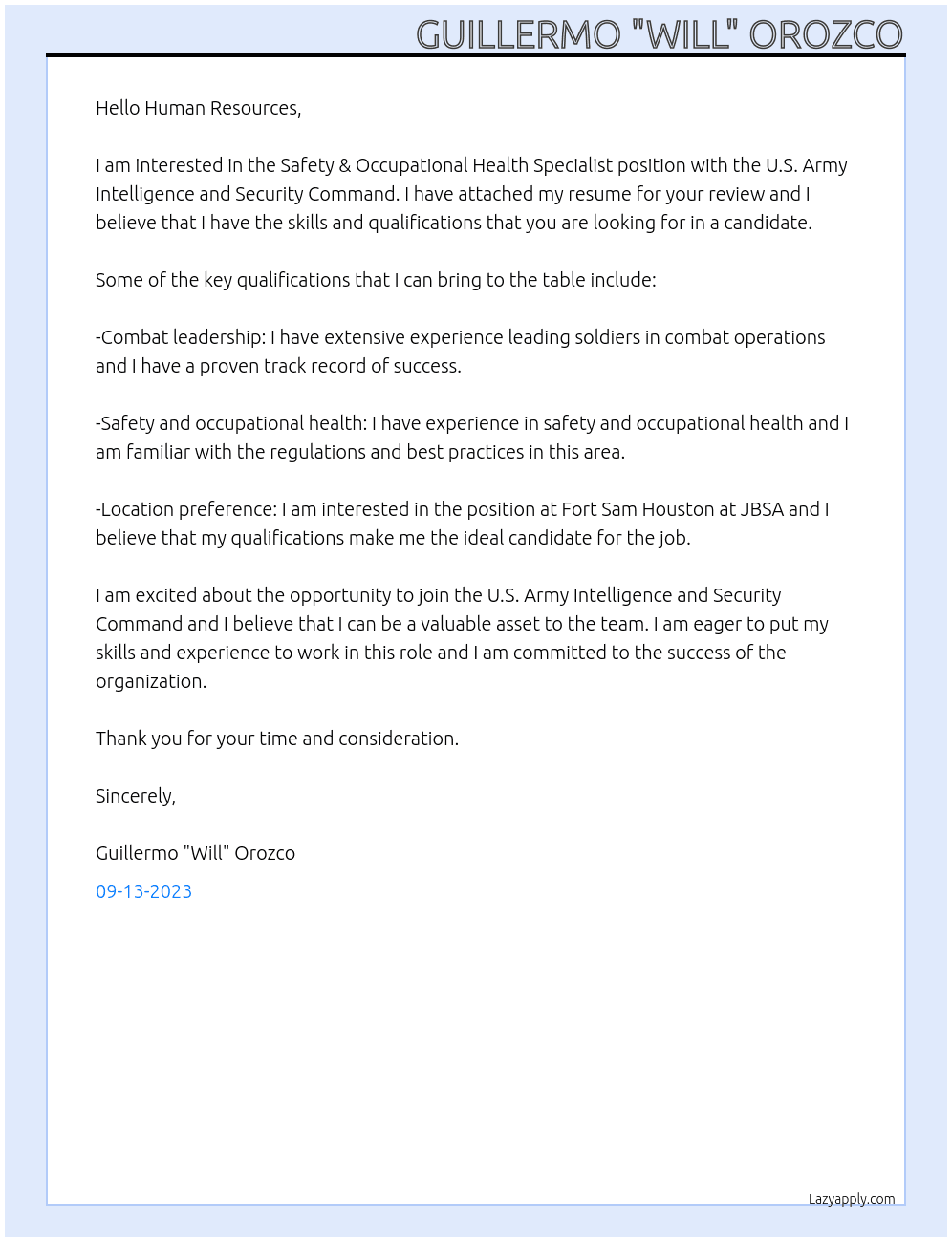  Safety & Occupational Health Specialist At  U.S. Army Intelligence and Security Command Cover Letter