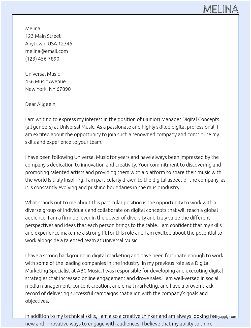 (Junior) Manager Digital Concepts (all genders) At Universal Music Cover Letter