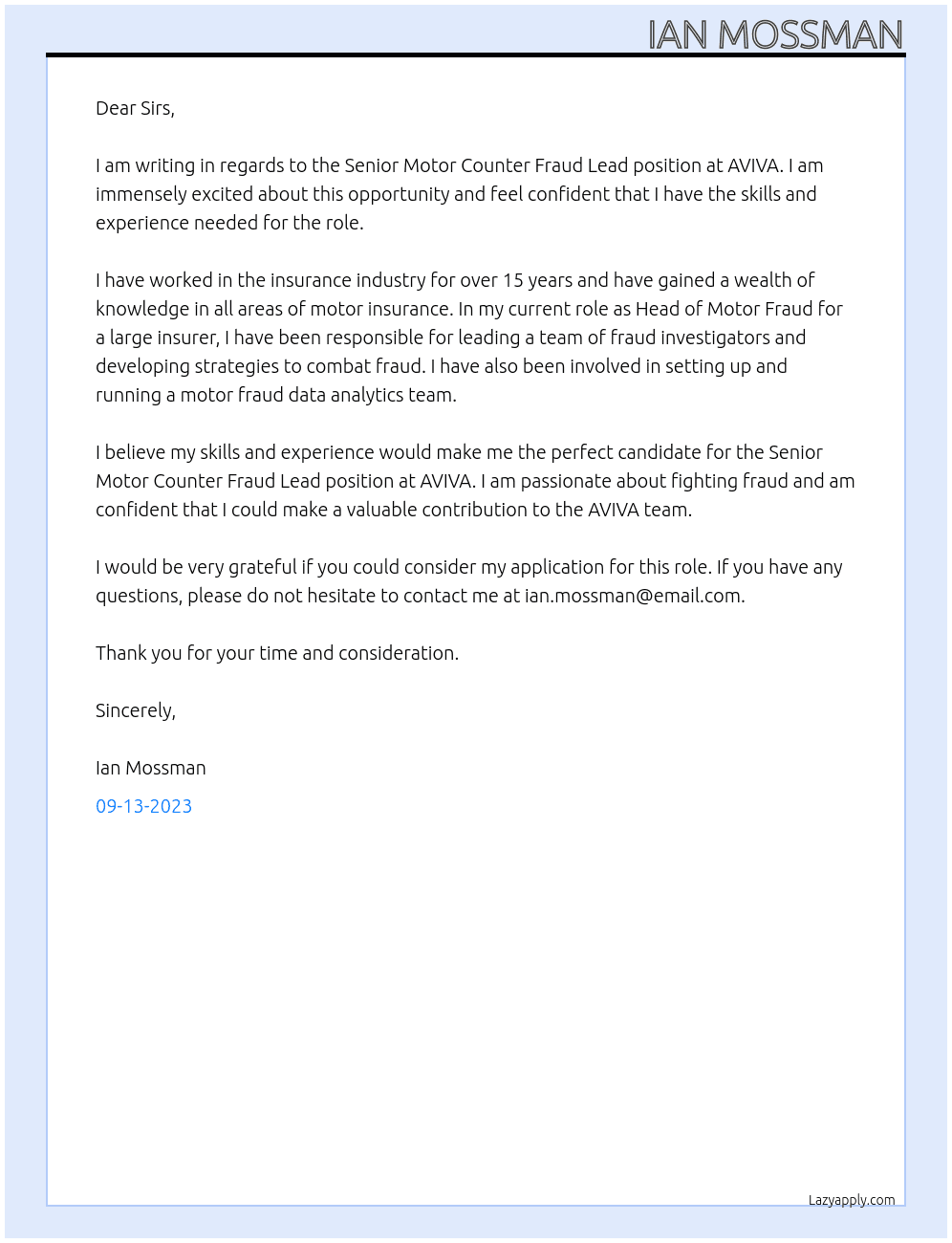 Senior Motor Counter Fraud Lead  At AVIVA  Cover Letter
