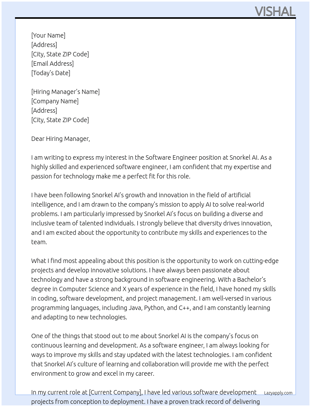Software Engineer At Snorkel AI Cover Letter