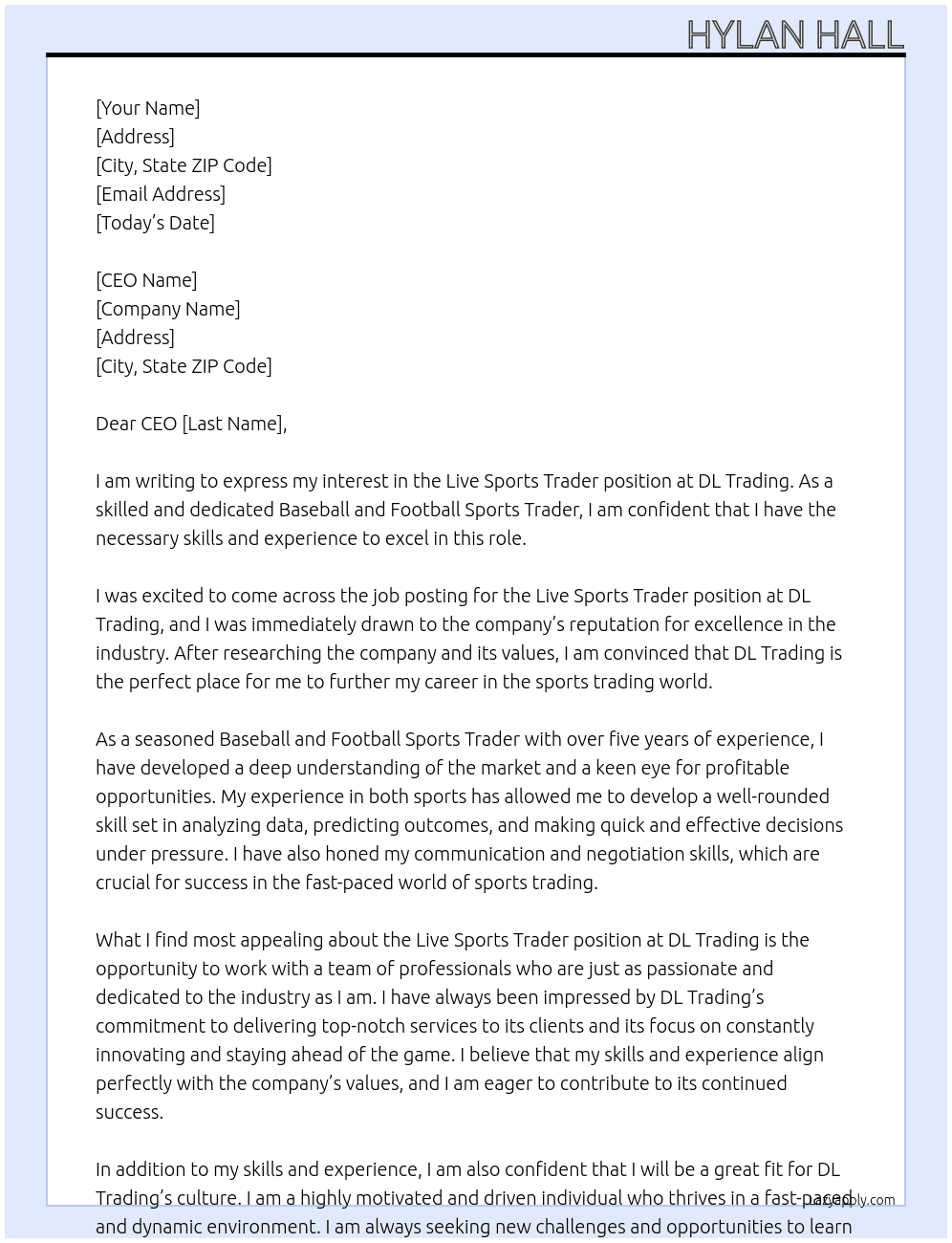 Live sports trader  At Dl trading  Cover Letter