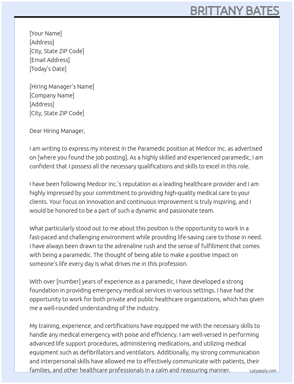 Paramedic At Medcor Inc Cover Letter