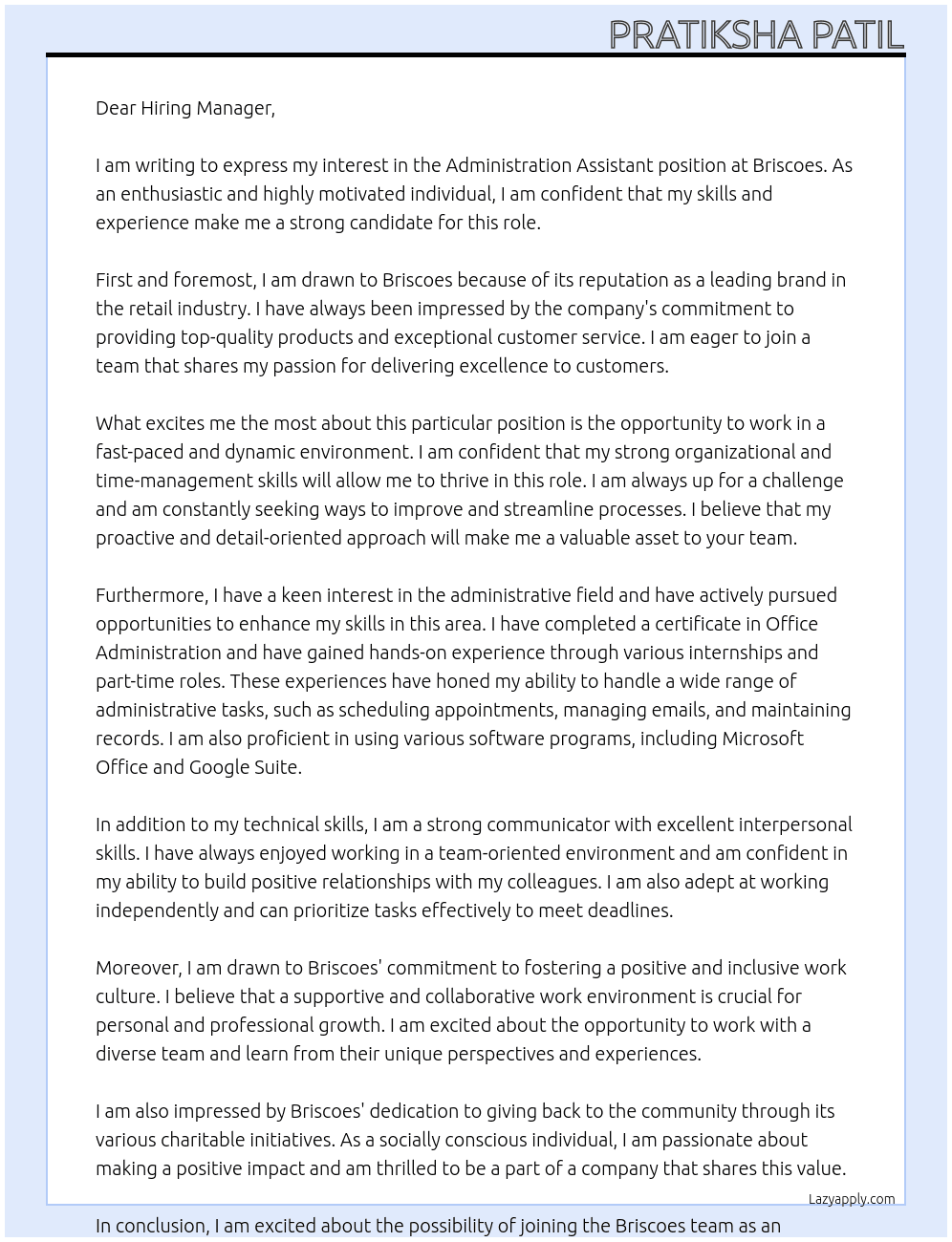 Administration Assistant At Briscoes Cover Letter