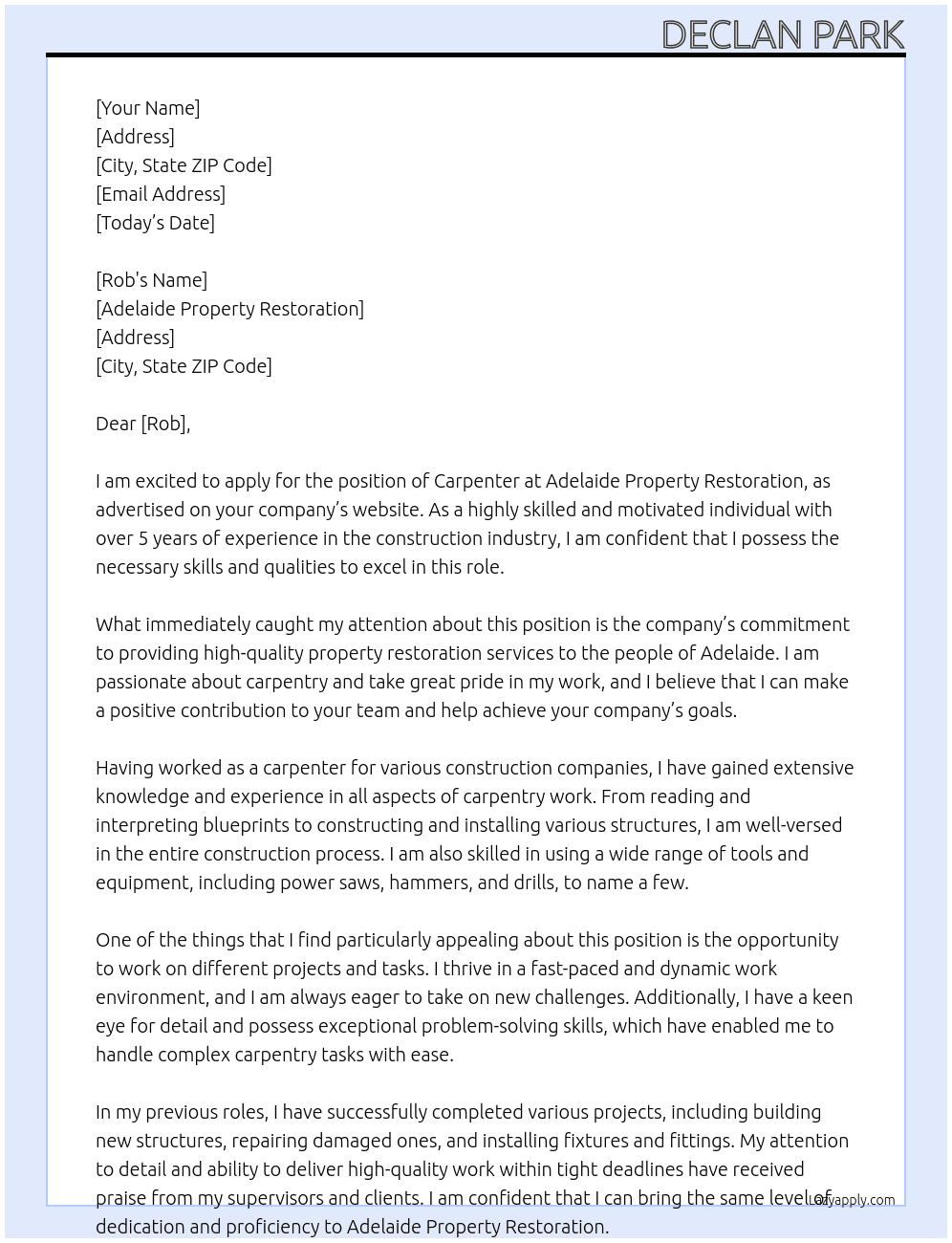 Adelaide Property Restoration At Carpenter  Cover Letter