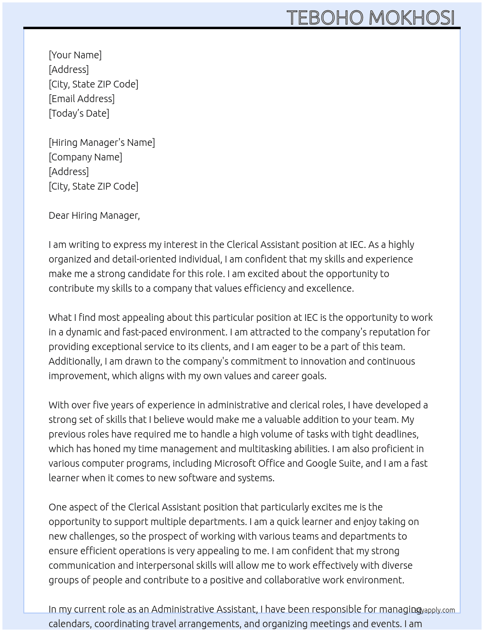 CLERICAL ASSISTANT At IEC Cover Letter