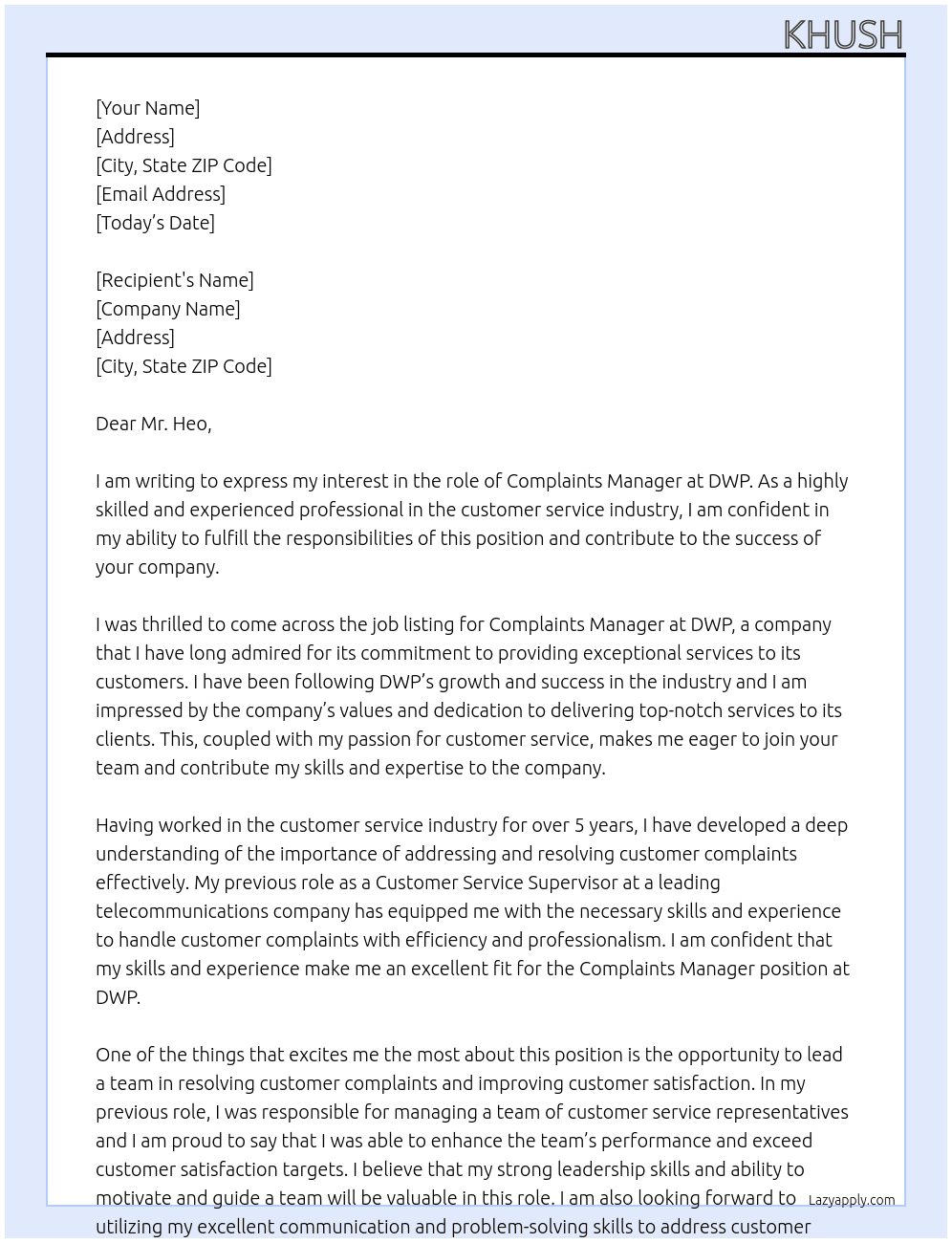 complaints manager  At dwp Cover Letter
