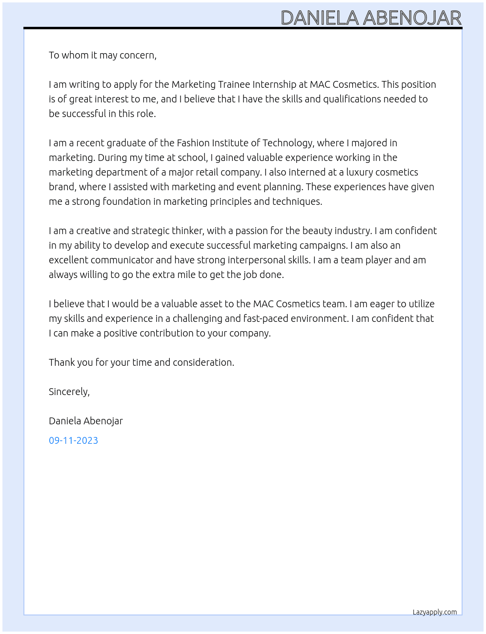 Marketing Trainee Internship At MAC Cosmetics Cover Letter