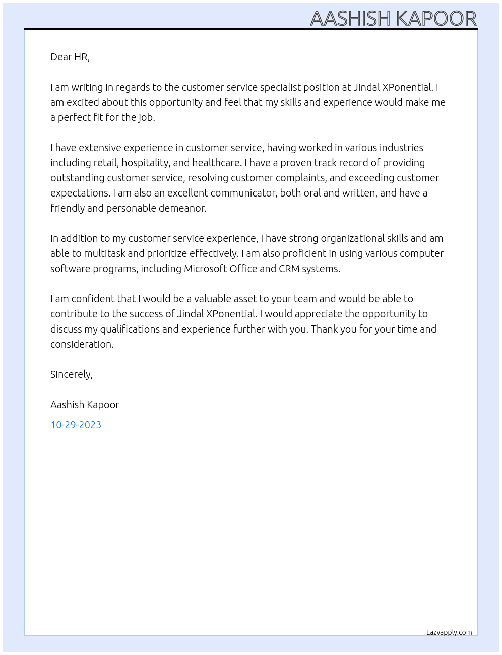customer service specialist  At jindal xponential Cover Letter