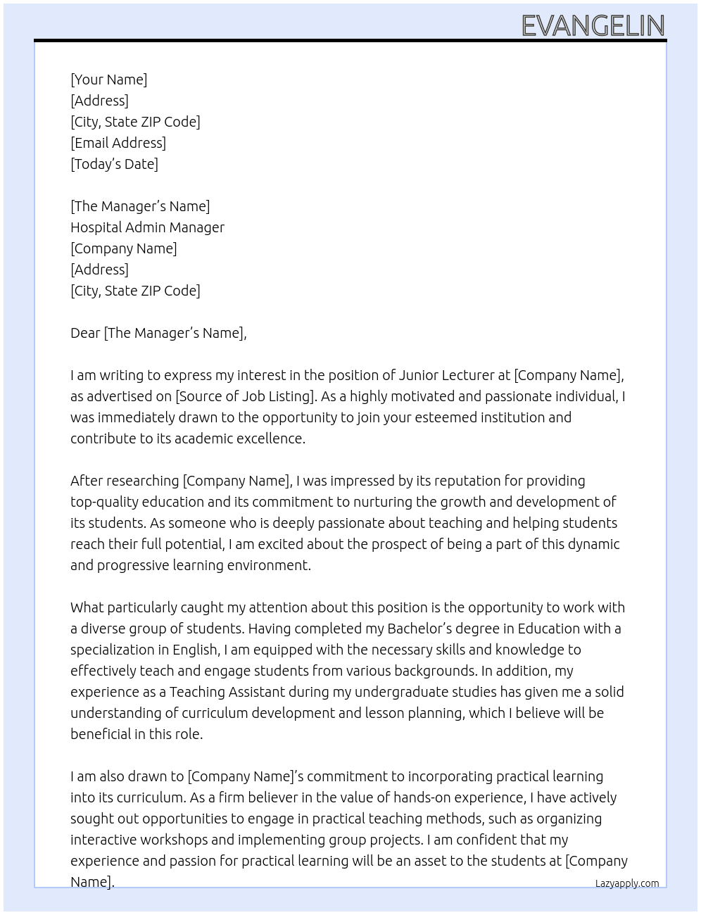 Junior Lecturer At Hospital Admin Manager Cover Letter